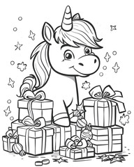Naklejka premium Cute and cheerful unicorn with Christmas gifts. Coloring book page.