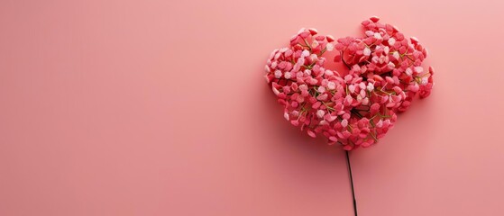 Heart-shaped bouquet of pink flowers against a pastel pink background, symbolizing love, romance, and celebration.