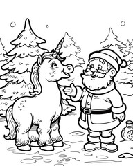 Cute and cheerful unicorn under Christmas tree with Santa. Coloring book page.