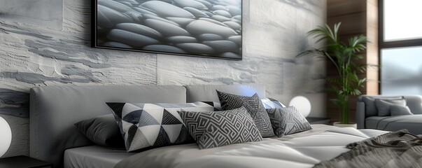 A contemporary bedroom with walls in light slate and a bed with a sleek