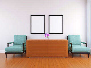 3D Rendered Mockup of a Living Room with a Wall Poster Frame in Modern Interior