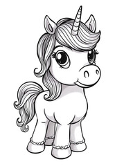 Naklejka premium Cute and cheerful unicorn under Christmas tree with gifts. Coloring book page.