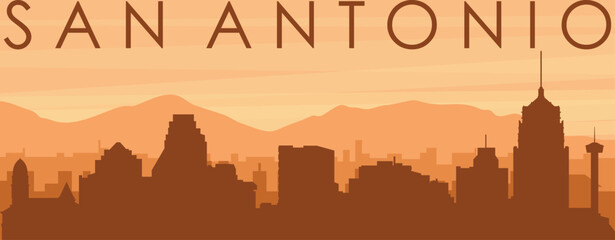 Brown panoramic poster of the city skyline with misty background buildings, sunrise, clouds and mountains of SAN ANTONIO, UNITED STATES