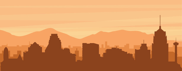 Brown panoramic poster of the city skyline with misty background buildings, sunrise, clouds and mountains of SAN ANTONIO, UNITED STATES