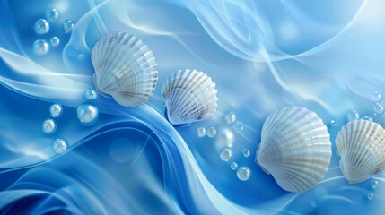 White shells and beads on a wavy blue background