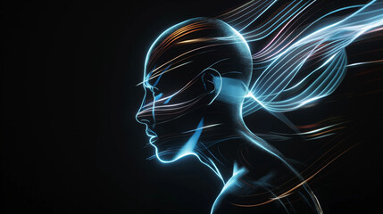 Human portrait in profile of a running man, hologram