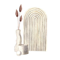 Antique tray made of light plaster, a vase with dried flowers and a wax candle. Modern watercolor composition drawn by hand in Scandinavian style. For interior, poster, wedding design, invitations