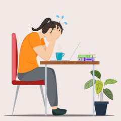 Isolated woman working and stressed by workload. Vector illustration for business, blog, web, UI, awareness, corporate culture, and more. Home office with plant