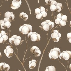 Cotton flowers with branches in beige shades. Seamless botanical watercolor pattern on a brown background drawn by hand. Pattern for fabric, clothing, web pages, wallpaper, background, packaging.