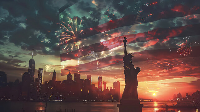 liberty statue usa flag firework sunset sky 4th of july independence day celebration patriotic events national holidays
