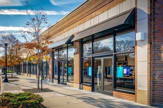 Modern commercial building exterior with autumn trees and glass storefronts