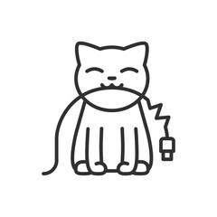 Cat chews cable, animal spoils wire, linear icon, wire strength, animal protection. Line with editable stroke