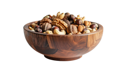 A wooden bowl filled with various nuts displayed on a plain white background