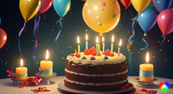 birthday cake with candles and balloons