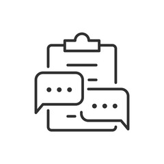 Discussing tasks and plan, linear icon. Clipboard and speech clouds. Line with editable stroke