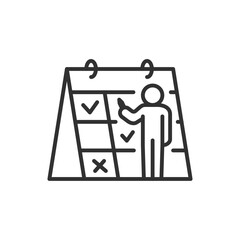 A person sets tasks on a calendar, linear icon. Completion of tasks. Line with editable stroke
