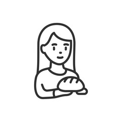 Woman with bread, linear icon. Baked bread. Line with editable stroke