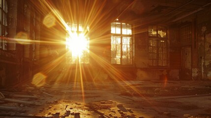 Golden light spills through the windows of an old abandoned building as the suns crepuscular rays find their way through the cracks and bring life to the forgotten space.