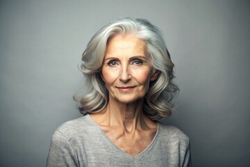 Minimalism. A studio portrait of a stylish, elegant elderly woman, a pensioner of 70 years old, in an interior and clothes of calm tones. The concept of the elderly.