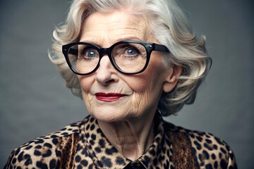 Portrait of a stylish, fashionable elderly woman, a pensioner of 70 years old, on a city street in glasses and leopard print clothes. The concept of the elderly.