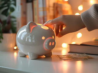Hand inserting money bill into white digital piggy bank. Concept of saving money financial planning