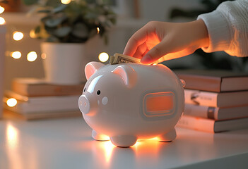 Hand inserting money bill into white digital piggy bank. Concept of saving money financial planning