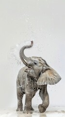 Obraz premium A baby elephant spraying water with its trunk with