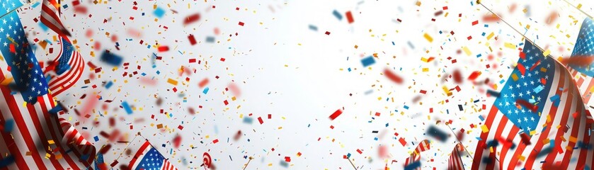 Obraz premium Patriotic celebration with American flags and confetti flying in the air on a white background, representing festivity and national pride.