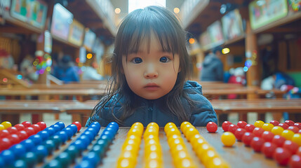 Curiosity in her eyes, child exploring abacus on children's day