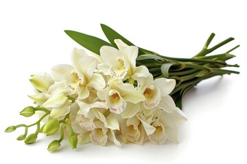 A bouquet of white orchid flowers against a white