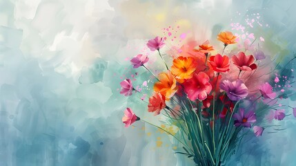 A colorful bouquet of flowers in various shades of red, orange, pink, and purple stands out against an abstract, pastel-colored background.