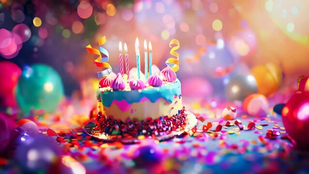 A birthday cake with candles on blurred background
