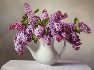 A vibrant bunch of purple lilac flowers fills a decorative vase