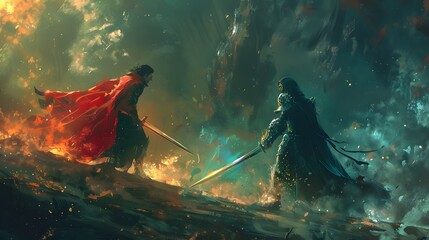 Two armored warriors engage in an intense sword duel, surrounded by flames and smoke, amidst a dramatic and dark battlefield.