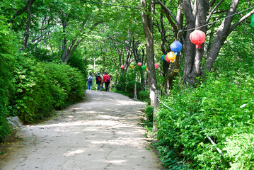 南漢山城登山道とハイカー（韓国）