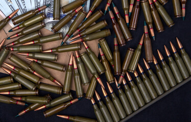 Bullets for a Kalashnikov assault rifle. View from above.