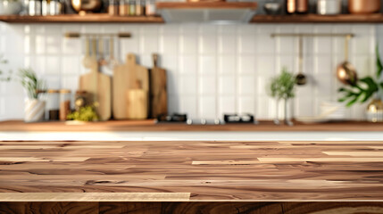 Empty wooden table platform blur kitchen background for presentation product. Generative AI illustration 