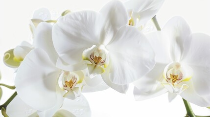 A delicate white orchid flower with cascading petals, isolated on a bright background