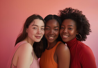 Three women of different ethnicities and body types smiling at the camera against a pink background