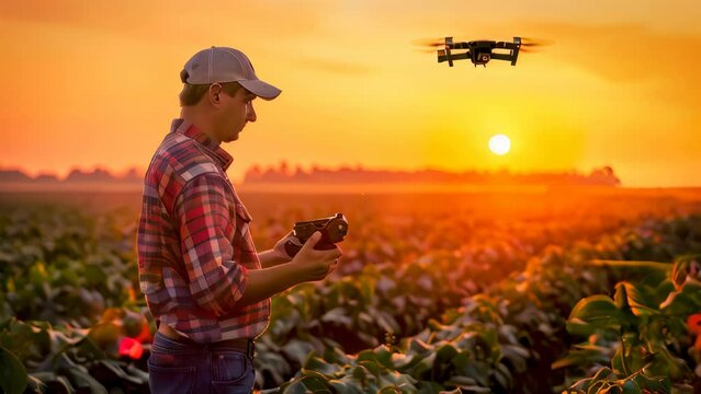 A farmer using a drone to monitor crops
