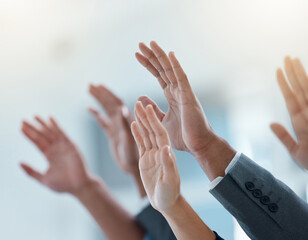 Business people, team and hands raised for question, vote or feedback in conference room meeting...