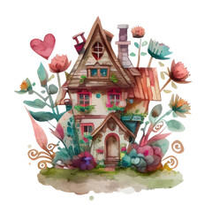 Cute cartoon watercolor house illustration, isolated on white background, summer tiny cozy house hand-drawn art, vintage design
