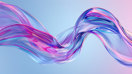 Fototapeta premium Abstract Transparent glossy glass ribbon on water. Holographic in nature landscape. curved wave in motion. Iridescent