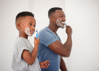 Father, son and shaving in bathroom for child development with black family in house, teaching and...