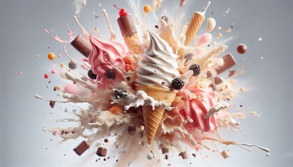 Naklejka premium Explosive composition of an ice cream cone with scoops of vanilla, chocolate, and strawberry ice cream, surrounded by splashes of milk, berries, wafers, chocolate bars
