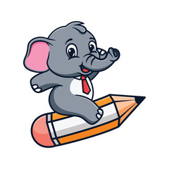 cartoon illustration design of a cute and kawaii elephant riding a pencil
