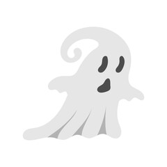 Cute Scared Halloween Ghost. Hand drawn spooky flying spirit. Cartoon funny grey ghost isolated on white background. Vector simple halloween horror character. Creepy Halloween party costume.