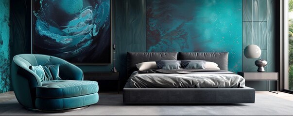 A luxury bedroom with walls in a deep