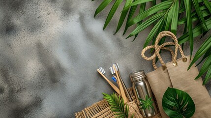 Eco-friendly travel essentials with green leaves on gray background