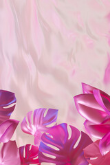 Surreal holographic background showcasing vibrant tropical leaves against a soft, undulating pink backdrop, perfect for text placement. Color gradient, y2k style, 2000s. Iridescent surface. 3D render.